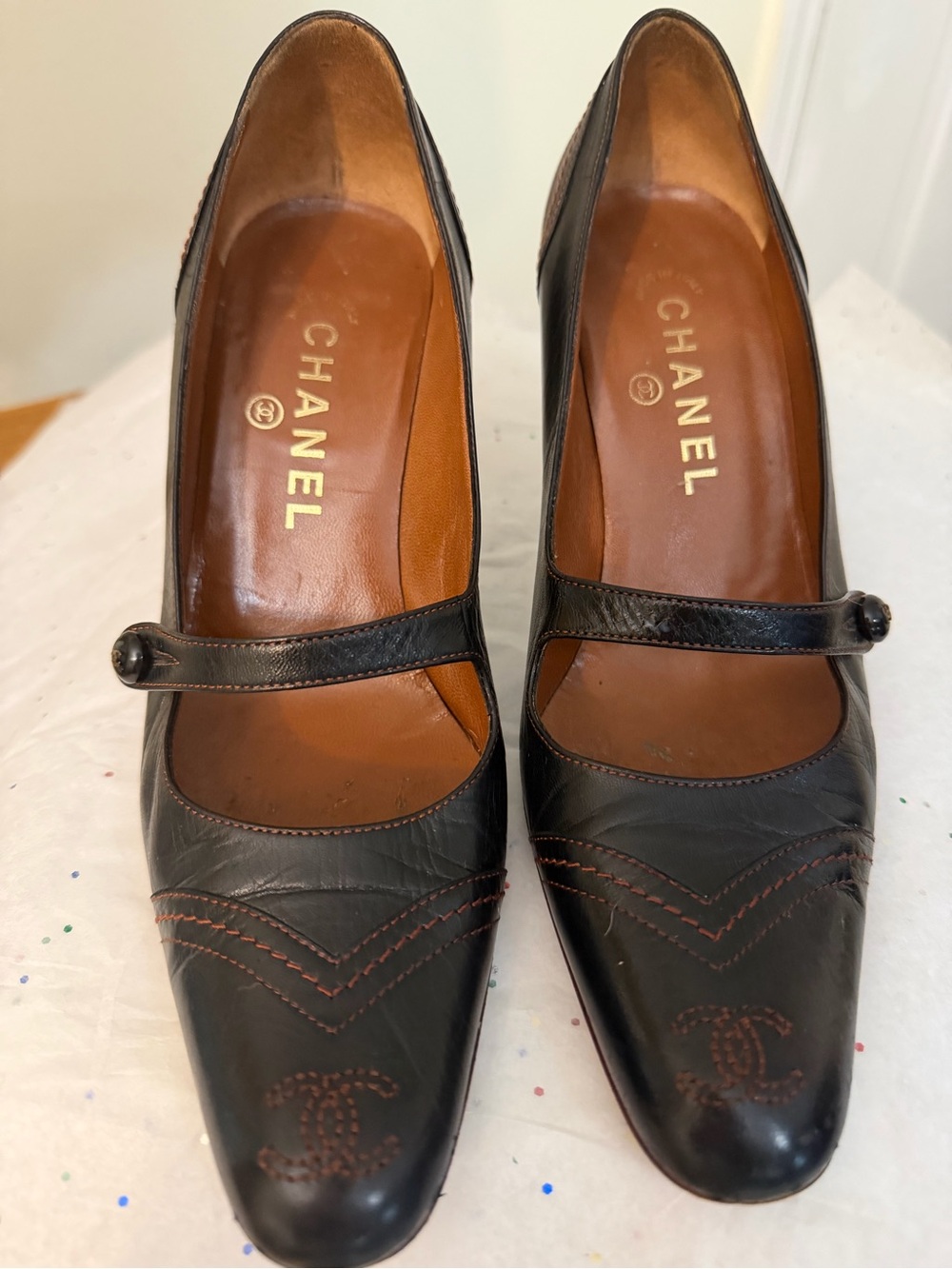 CHANEL Authentic Black Leather Mary Jane Pumps with CC Stitching